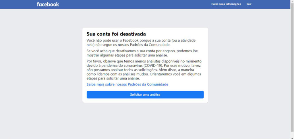 banida do Facebook 1 tela de facebook desativado